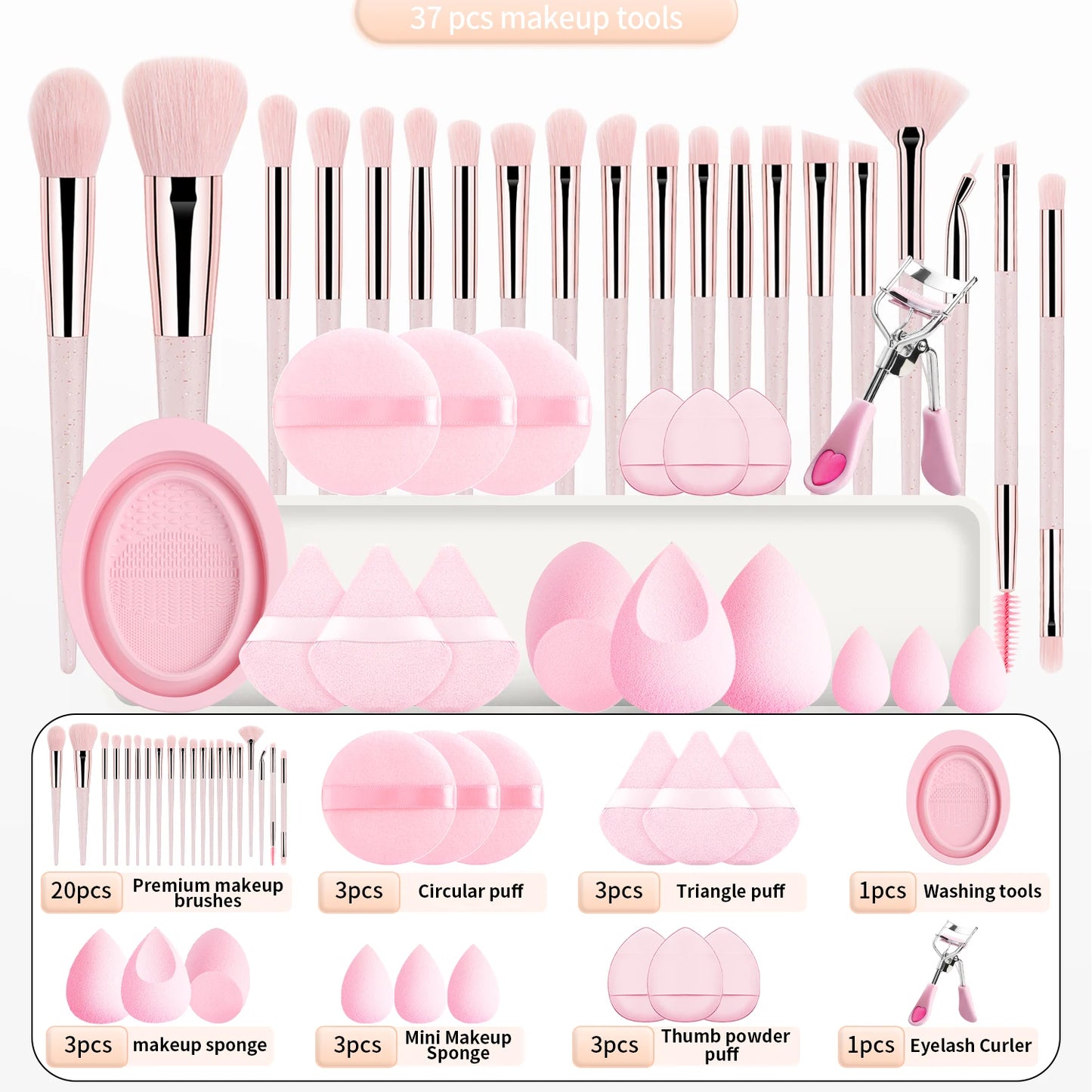20 makeup brushes+3 round powder puffs+3 triangular powder puffs+3 beauty eggs+3 finger powder puffs+3 mini beauty eggs+1 washin