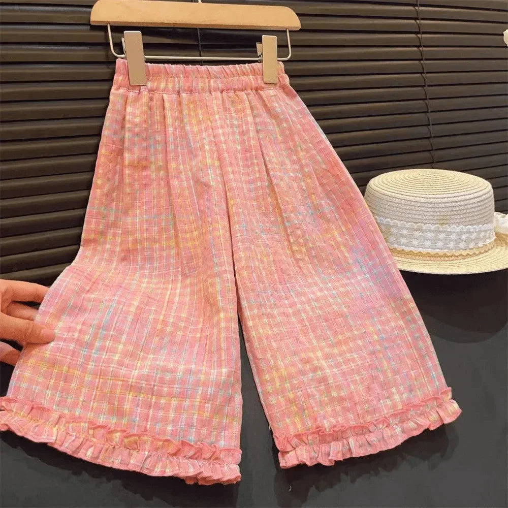 Pink Girl's Summer Two-piece Set with Single Breasted Sleeveless Top and Casual Pants, New Children's Sets Kids Clothes