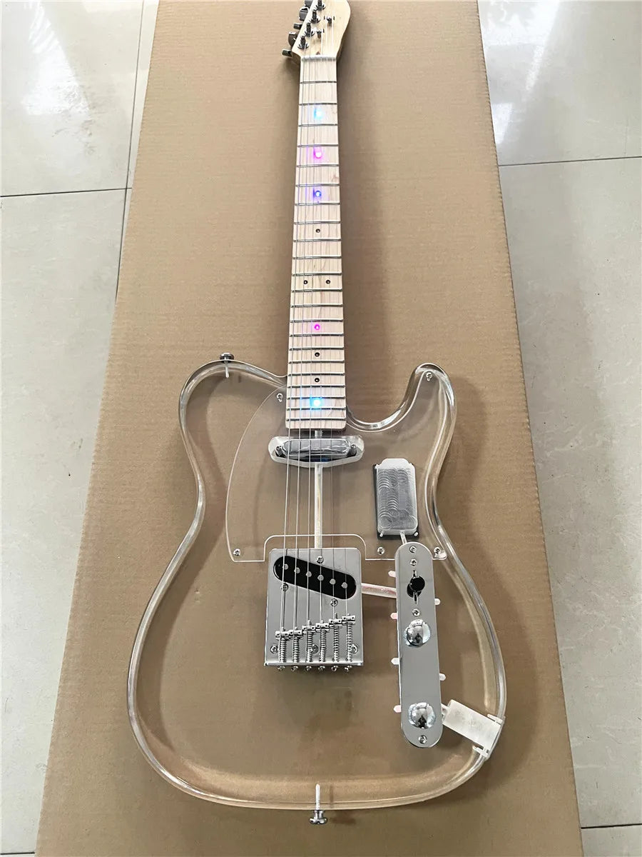 High quality classic acrylic transparent Plexiglass crystal 6-string electric guitar LED lights Maple guitar neck Free shipping