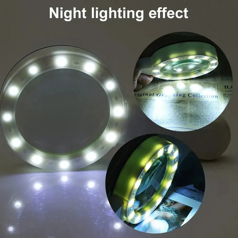 30X Handheld Illuminated Magnifying Glass with 12 LED Lights Reading Magnifier for Seniors Coins Insect Inspection Jewelry Loupe