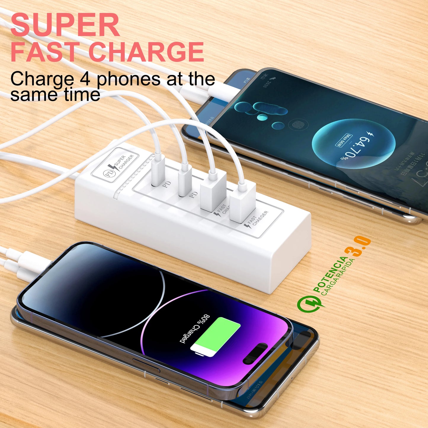 4 Port Fast Charger USB C Power Socket Fast Charging Wall Charger For iPhone 15 14 13 Xiaomi Samsung Mobile Phone Power Adapter