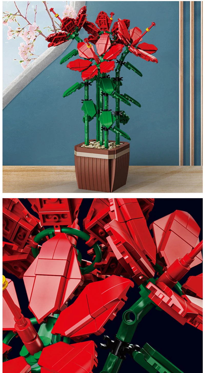 New MOC Creativity Artificial Bouquet Flower Preserved Flower Bonsai Potted Plant Home Decoration Building Block Bricks Kids Toy