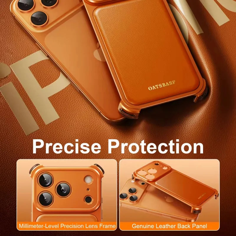 Luxury Bounce Magnetic Leather Mobile Phone Case For IPhone 17 16 Pro Max Frameless Aluminum Metal Bumper Shockproof Back Cover