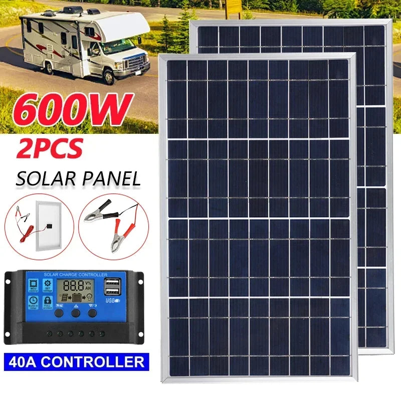 300W/600W Solar Panel Kit Complete 12V Polycrystalline USB Power Portable Outdoor Rechargeable Solar Cell Solar Generator