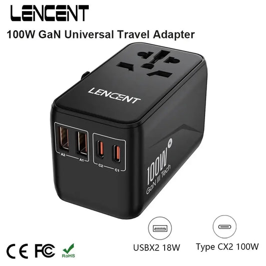 LENCENT GaN III 100W Universal Travel Adapter with 2 USB and 2 Type C PD Fast Charging Adapter EU/UK/USA/AUS Plug for Travel