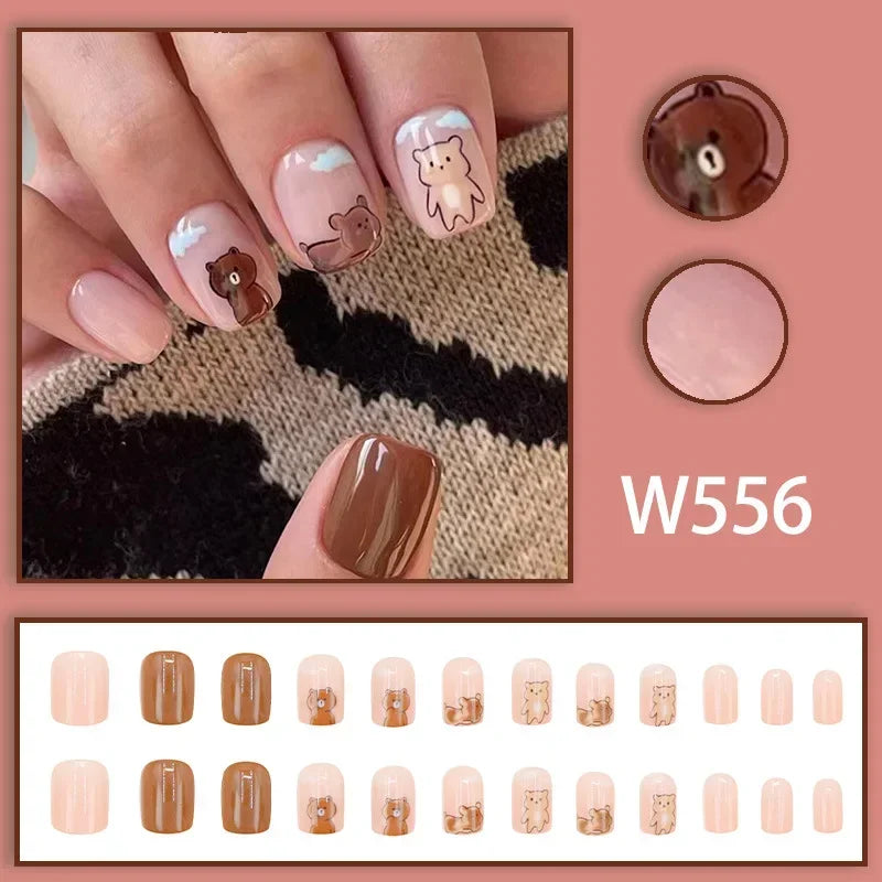 Black Ink Style Fake Nail with Jelly sticker Press on False Nails Wearable Round Head Oval Full Cover Nail Tips