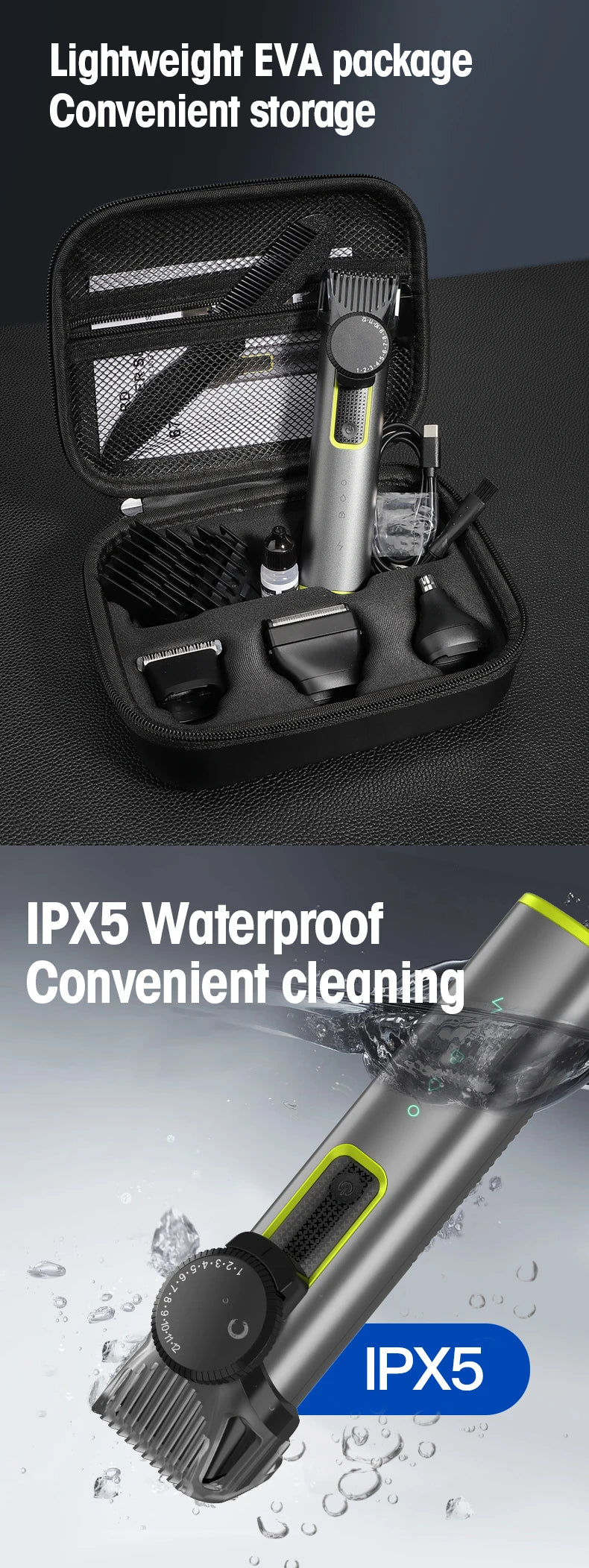 IRUIBEAUTY 4-in-1 Hair Trimmer Electric Hair Clipper IPX5 Waterproof Hair Cutting Machine Adjustable Shaver Nose Trimmer for Men