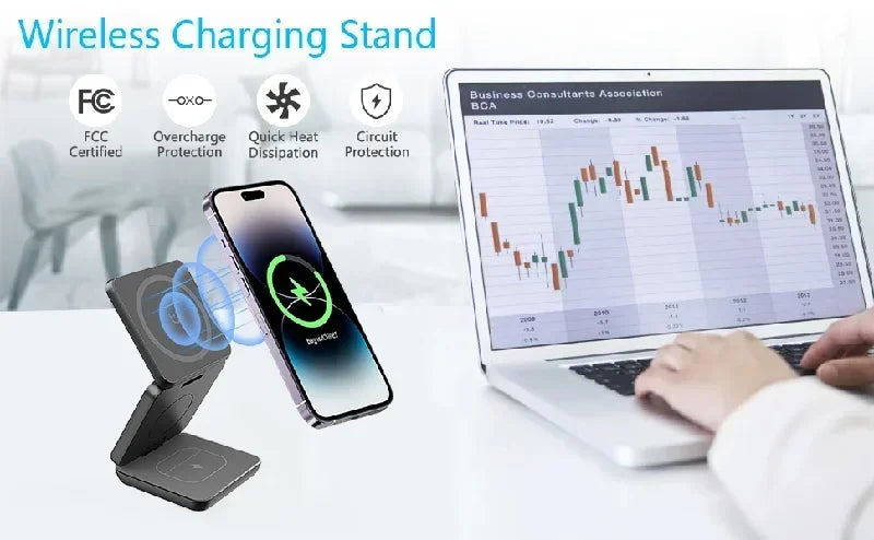 3 In 1 Foldable Magnetic Wireless Charger Stand For iPhone 15 14 13 12 Pro Max Apple Watch AirPods Fast Charging Station Holder