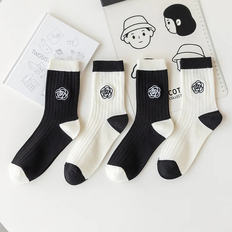 Japanese Embroidered Flowers Trendy Black Mid-tube Socks Korean Niche Retro All-match Sports Cotton Socks