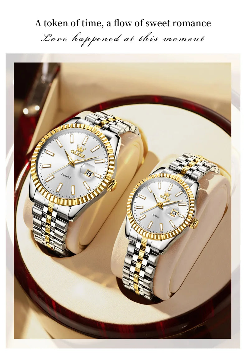OLEVS 5593 Couple Watch Fashion Business Waterproof Stainless Steel Watch Luxury Brand Classic Date Week Clock Men Women Watch