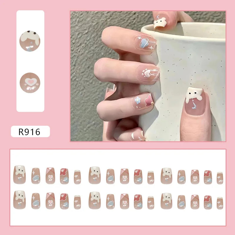 Bean Paste Cat Eyes Press on Nails Pink Gradient Fake Nails Glossy Artificial Finger Manicure Reusable False Nails for Women