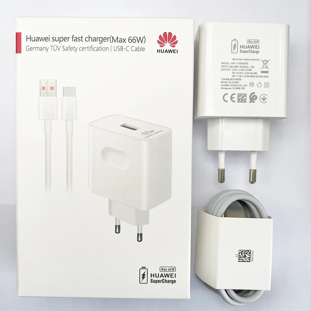 HUAWEI 66W Original Super Charge Quick USB Wall Charger Travel Charge 6A Type C Cable for Mate 50 40 30 P40 Pro Nova8 P 60 50 40