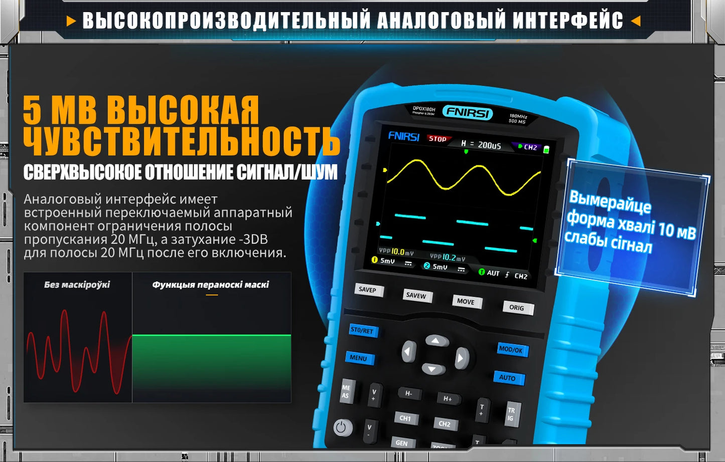 FNIRSI DPOX180H ру́сский язы́к портативный фосфористый цифровой 180 МГц 50000wfms/s генератор сигналов 20 МГц ZOOM