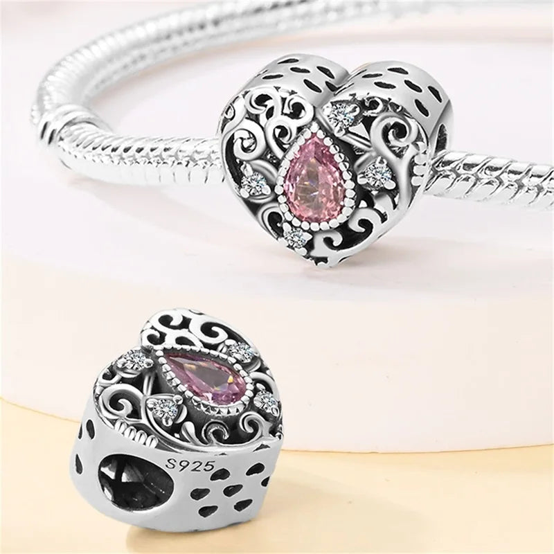 Hot Sale 925 Silver Classic Purple Retro Heart Shape Lotus Angel Pattern Charms Beads Fit 3mm Original Bracelet DIY Jewelry Gift