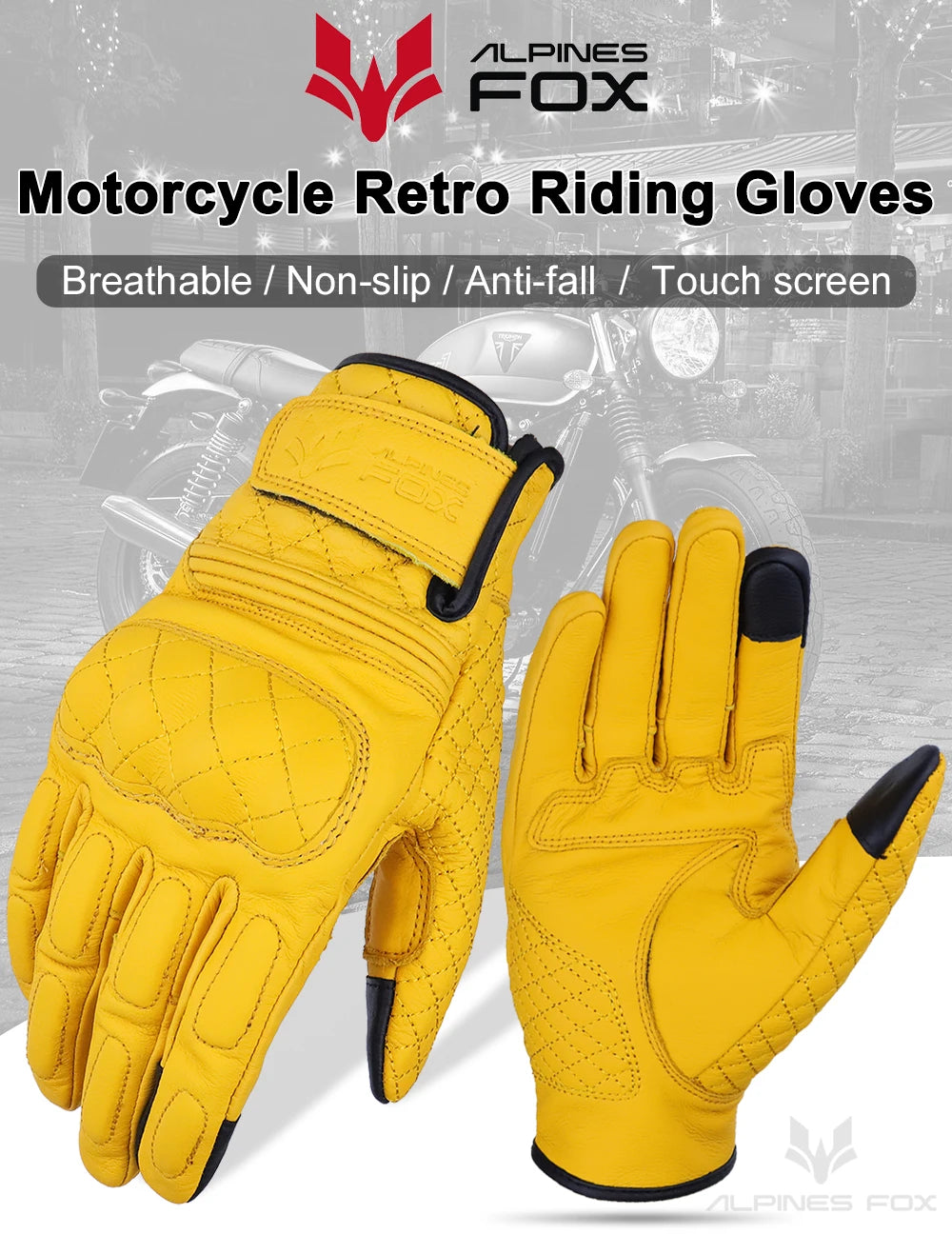 Vintage Leather Motorcycle Gloves Men Women Wear-resistant Motobike Guantes Touchscreen Anti-slip Retro Motobiker Luvas Yellow
