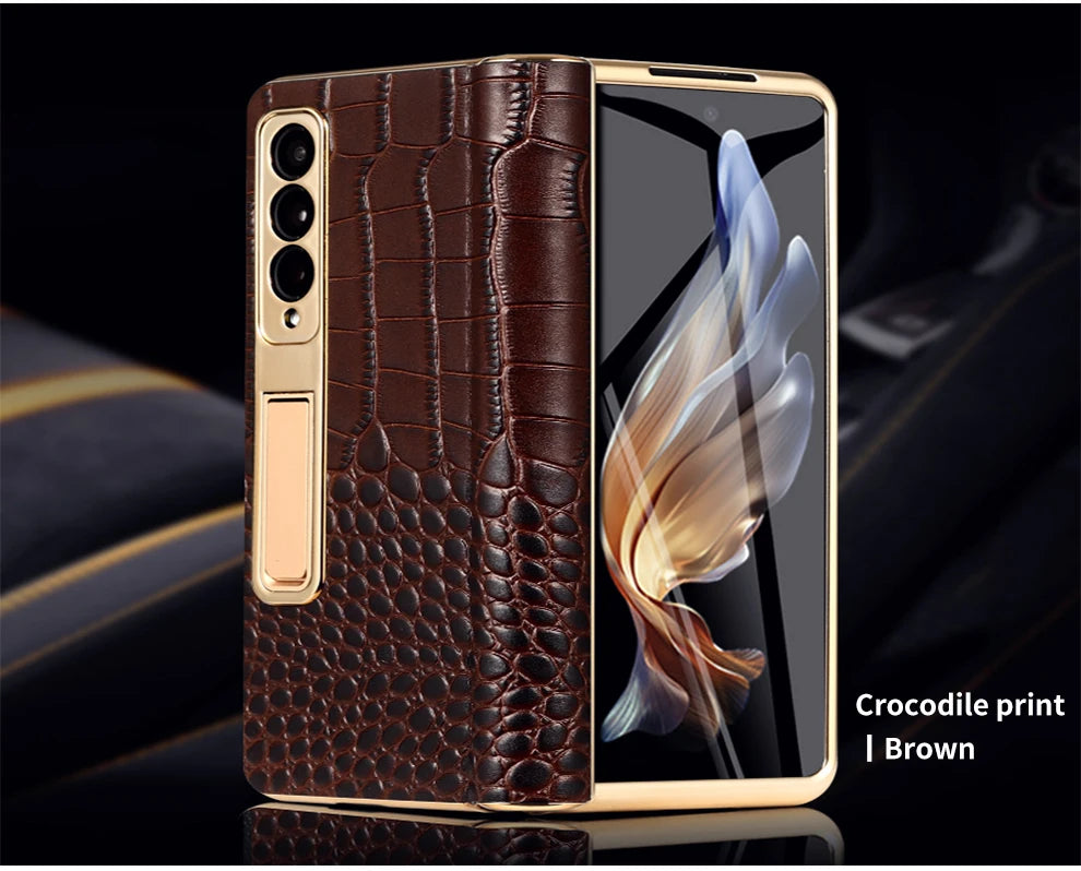 LANGSIDI Leather Case for Samsung Galaxy Z Fold 7 6 5 4 3 Fold6 Fold7 Gold Plating Magnetic Hinge Stand Cover with Mirror Film