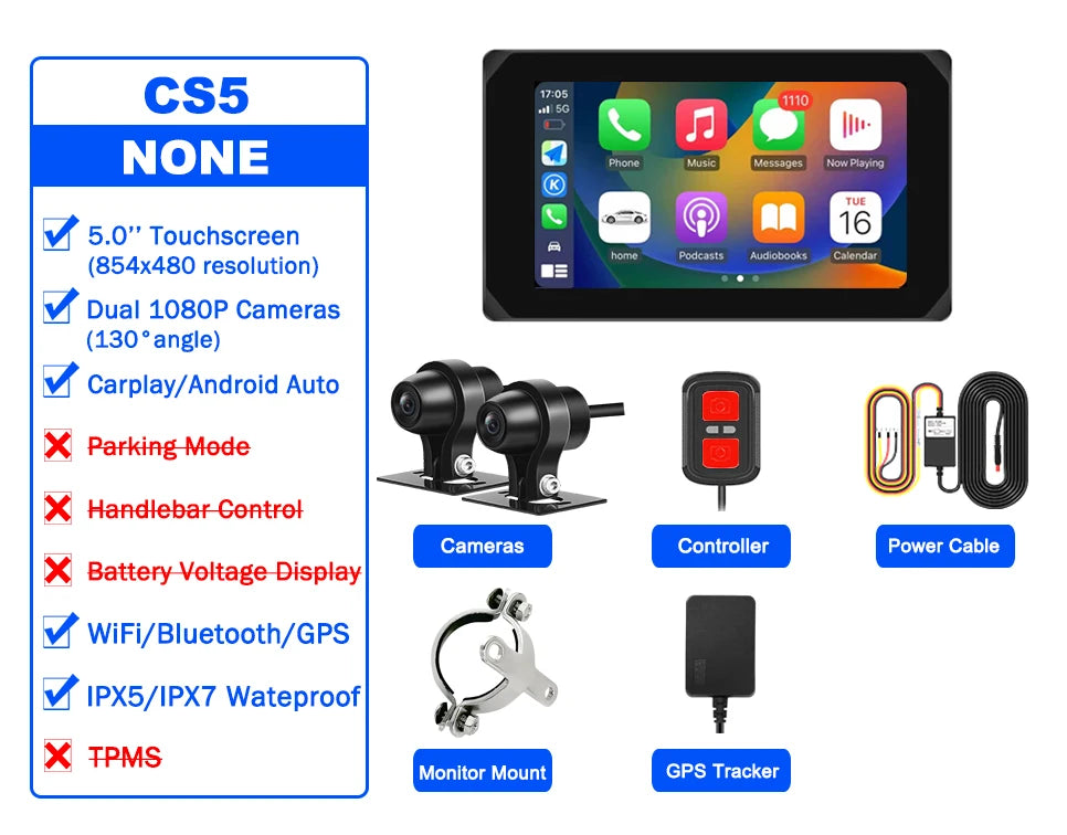 VSYS Carplay Android Auto Motorcycle Dash Cam 5.0'' Touchscreen with Dual 1080P Waterproof Cameras TPMS Parking Mode WiFi App