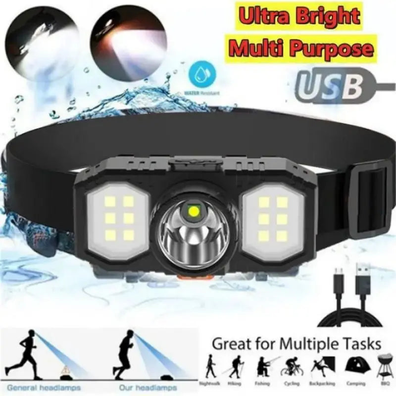 Powerful LED Headlamp Portable Rechargeable Camping High Power LED Flashlight COB IP65 Waterproof 3 Modes For Fishing Running