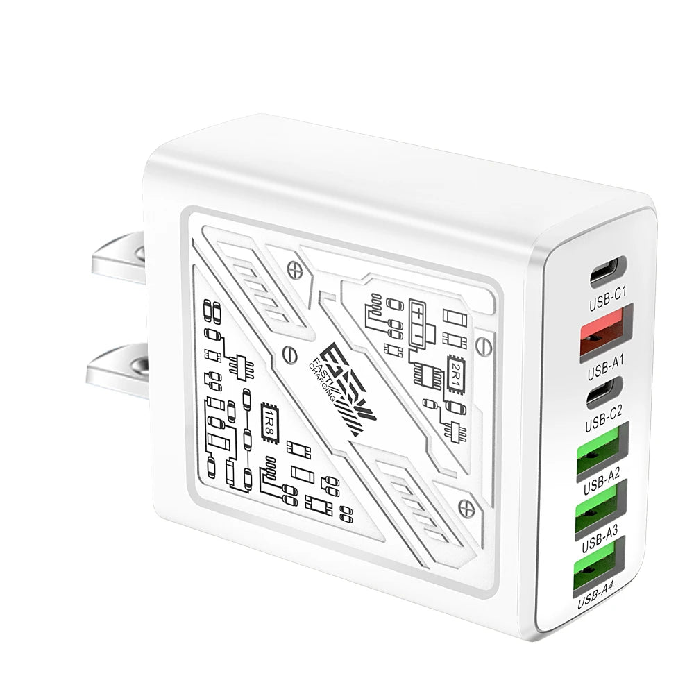 Multi Ports USB Charger 65W 6 in 1 Fast Charging Type C Phone Adapter For iPhone Samsung Xiaomi Huawei EU/US Plug Wall Charger