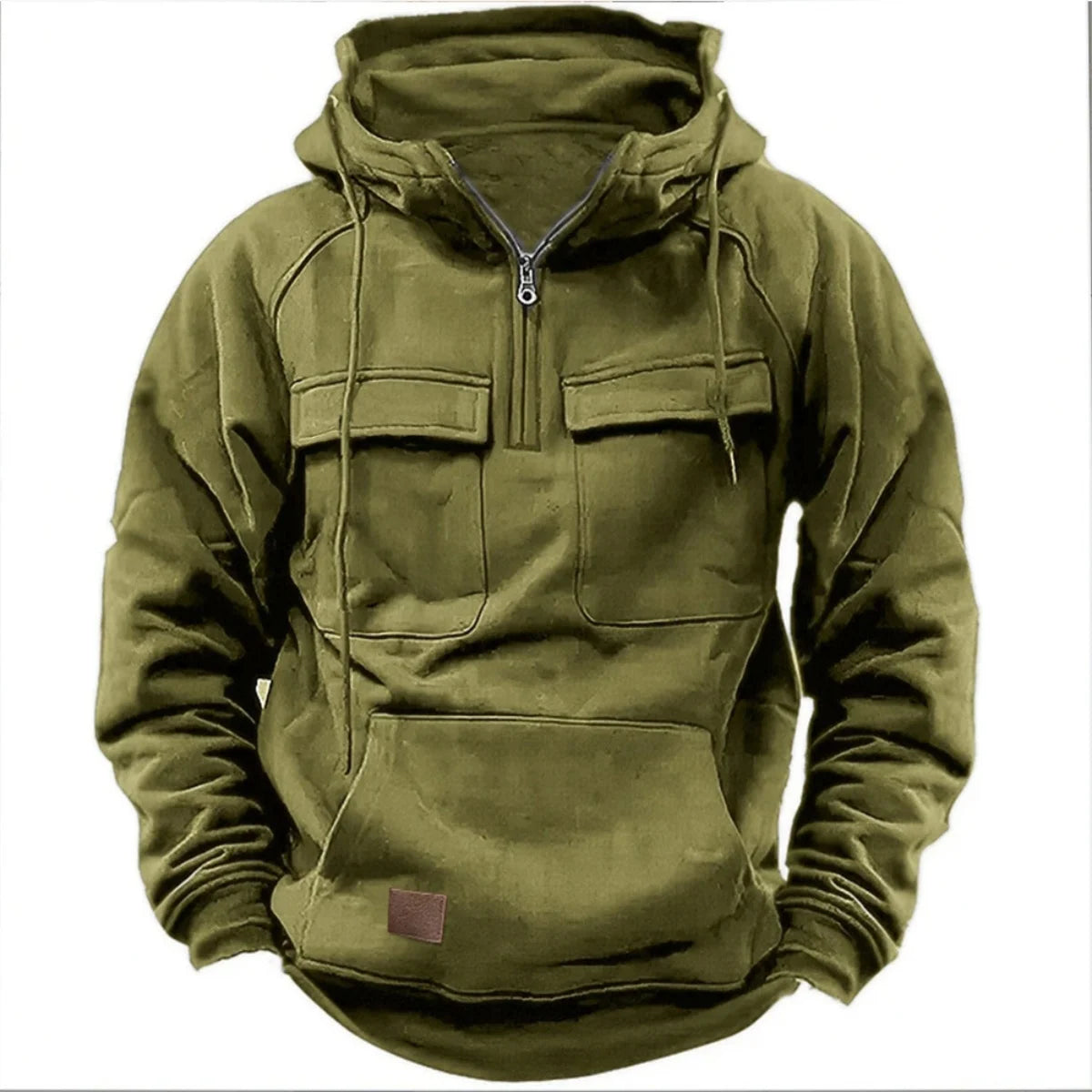 Fashionable Youth Men's Hoodie Solid Color Casual Autumn/Winter Pullover with Multi Pockets Patch Design