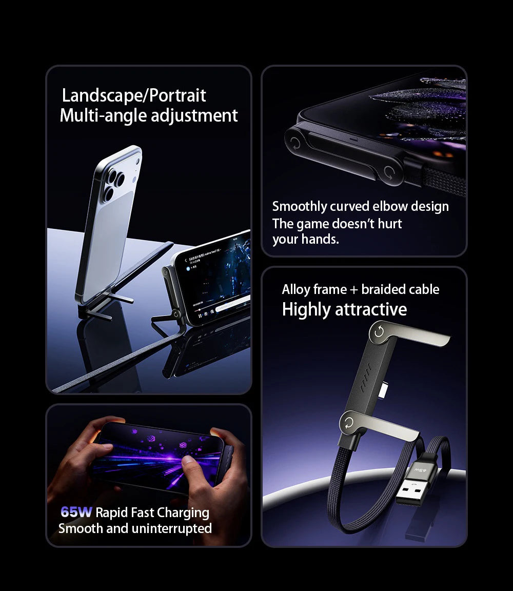 65W 2 in 1 USB A To USB C Fast Charging Foldable Phone Holder Data Cable USB Type C Builtin Desk Bracket Wire For Huawei Samsung