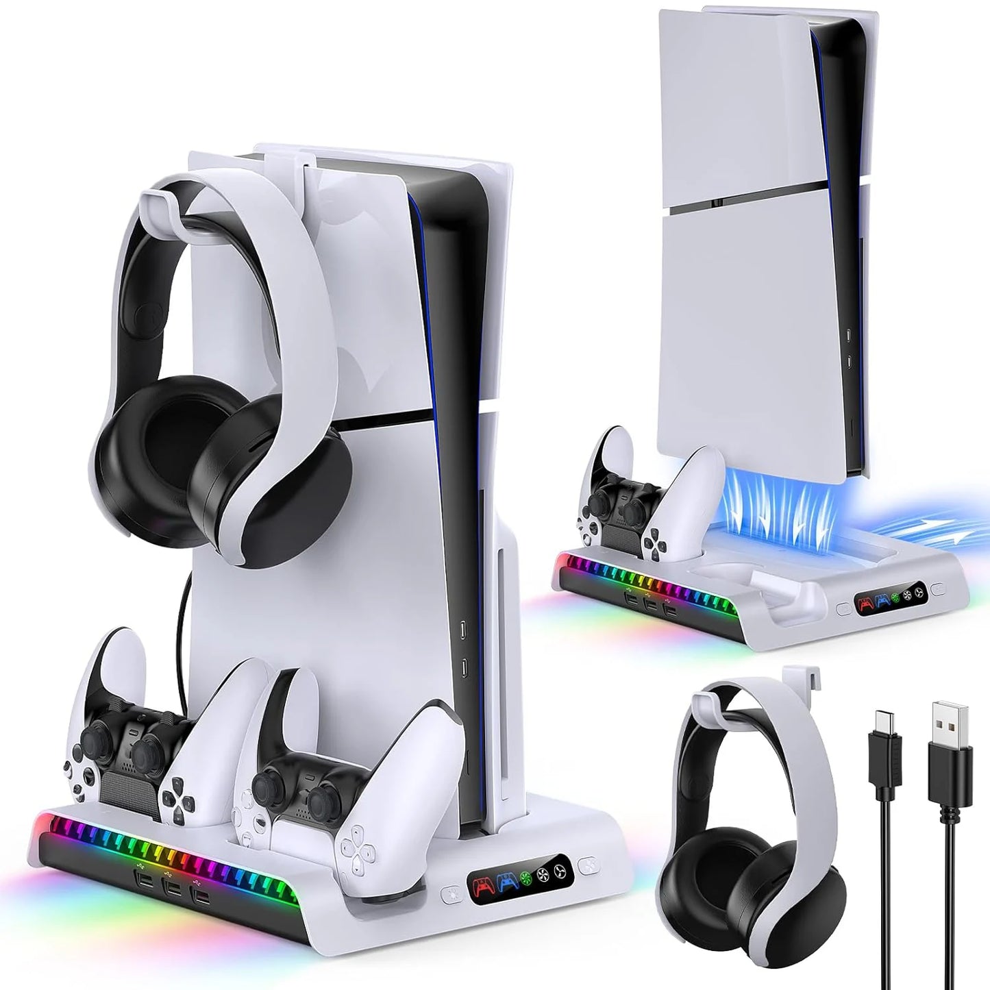 IPEGA Charging Stand with Cooling Fan for PS5 Slim Digital/Disc Console, Dual Controller with 9 RGB Lights PG-P5S006