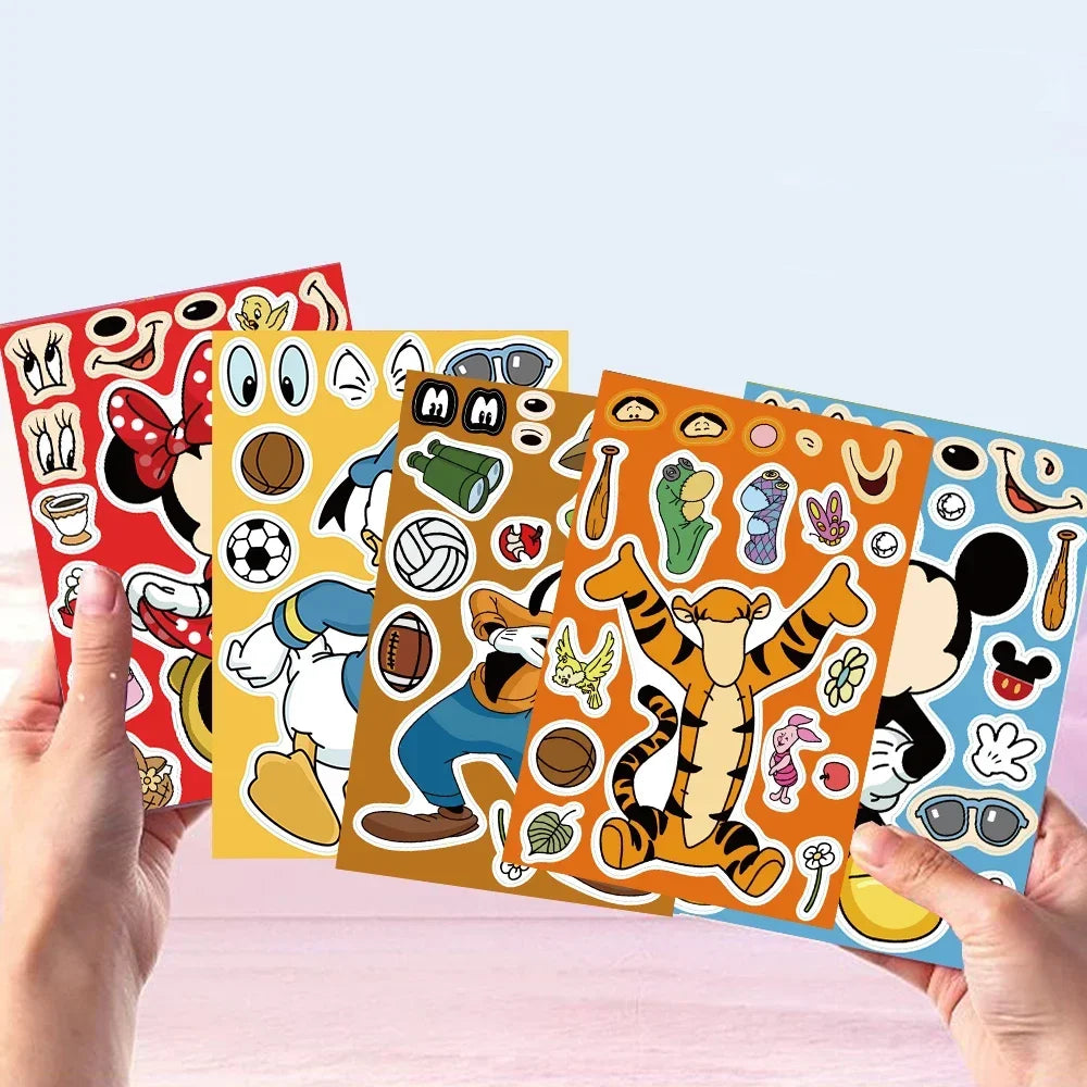 8/16Sheets Disney Micke Puzzle Stickers  Children DIY Make-a-Face Funny Assemble Jigsaw Cartoon Sticker Kids Educational Toys