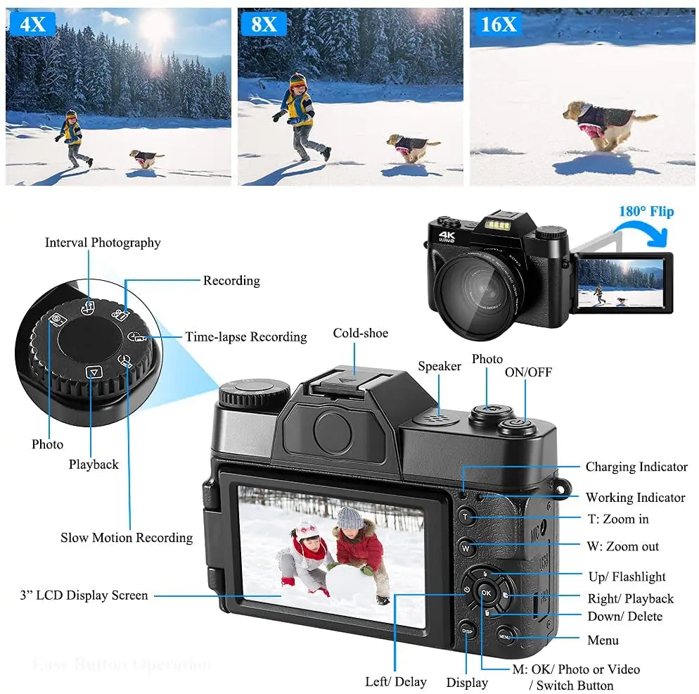 4K HD Professional Digital Camera Camcorder WIFI Webcam Wide Angle 16X Digital Zoom 48MP Photography 3 Inch Flip Screen Recorder