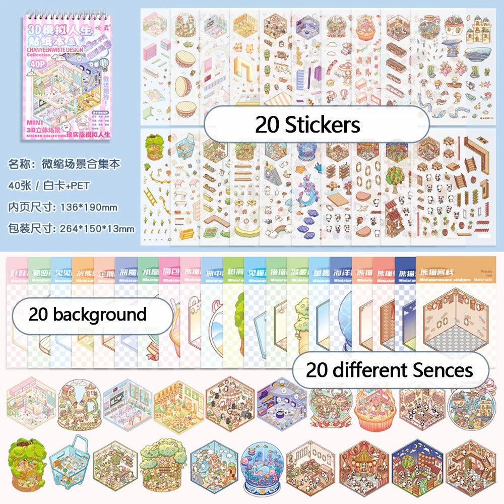 20Sences in Book 2.5D Landscape Sticker Album Cartoon Scene DIY Toy Game Festival Birthday Present Gift Box for Kid Girl Child
