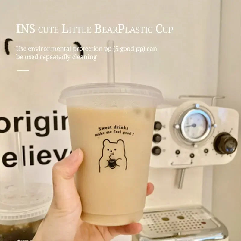 Cartoon Bear Pattern Large Capacity Plastic Straw Cup Handheld Beverage Cup Suitable For Coffee Milk Tea