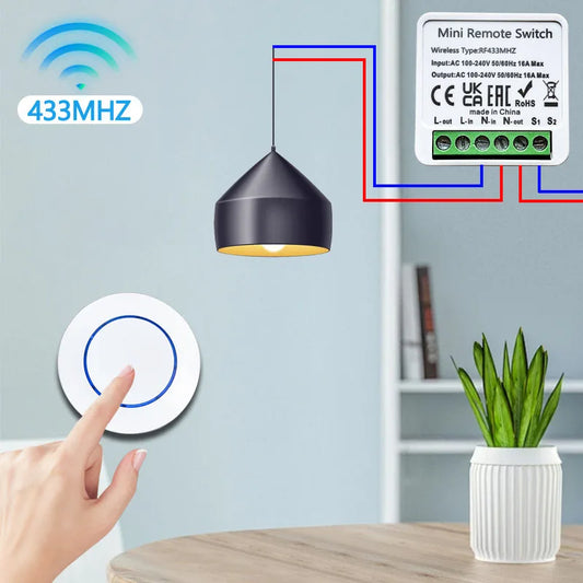 Wireless 433MHz Light Switch RF On/Off Round Button Switch Smart Remote Control 10A Relay Receiver Module LED Lamp DIY Home Auto