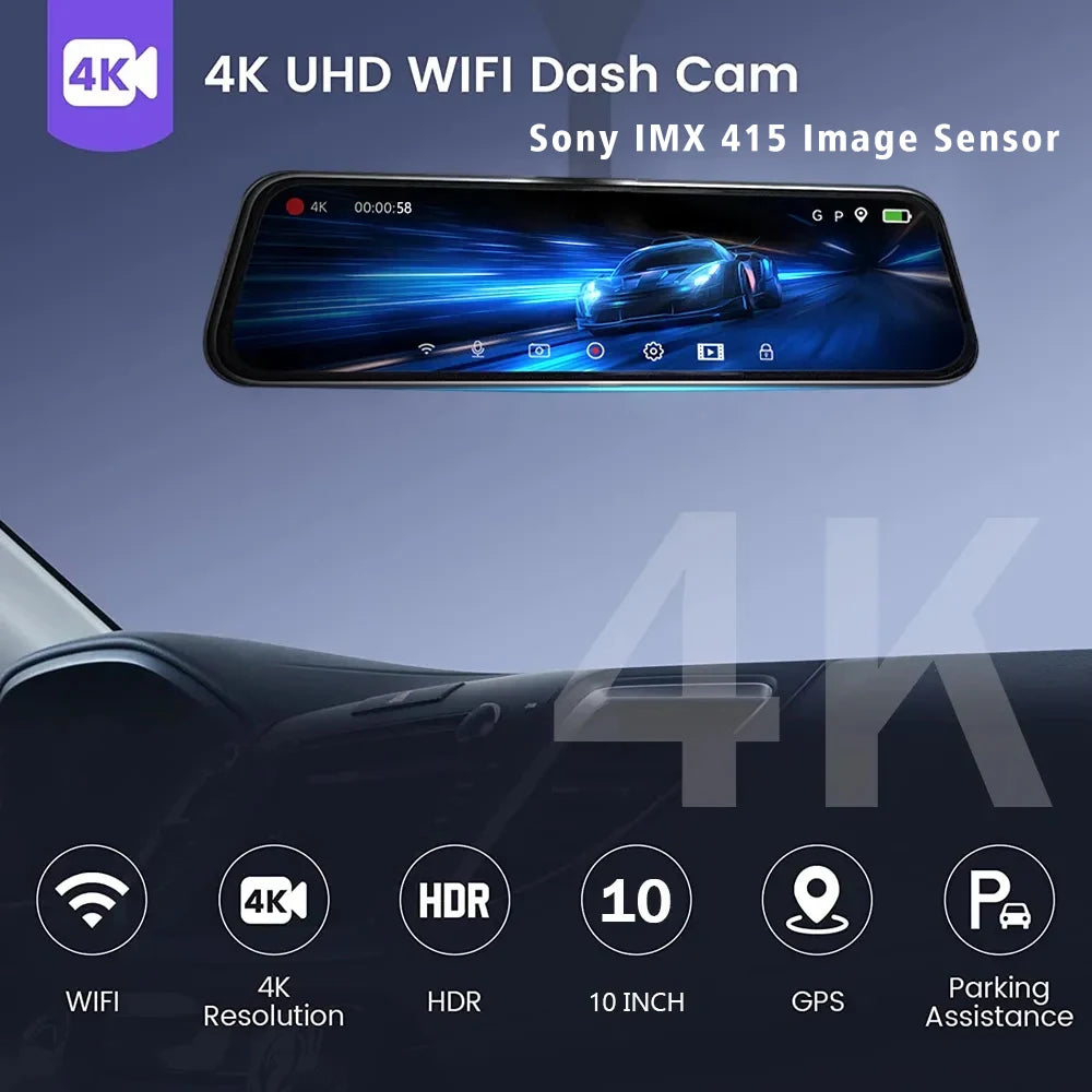 Car DVR 10 Inch 4K GPS WIFI Mirror Dash Cam Dual Lens Dashcam IPS Screen Car Camera Drive Recorder Stream RearView Mirror