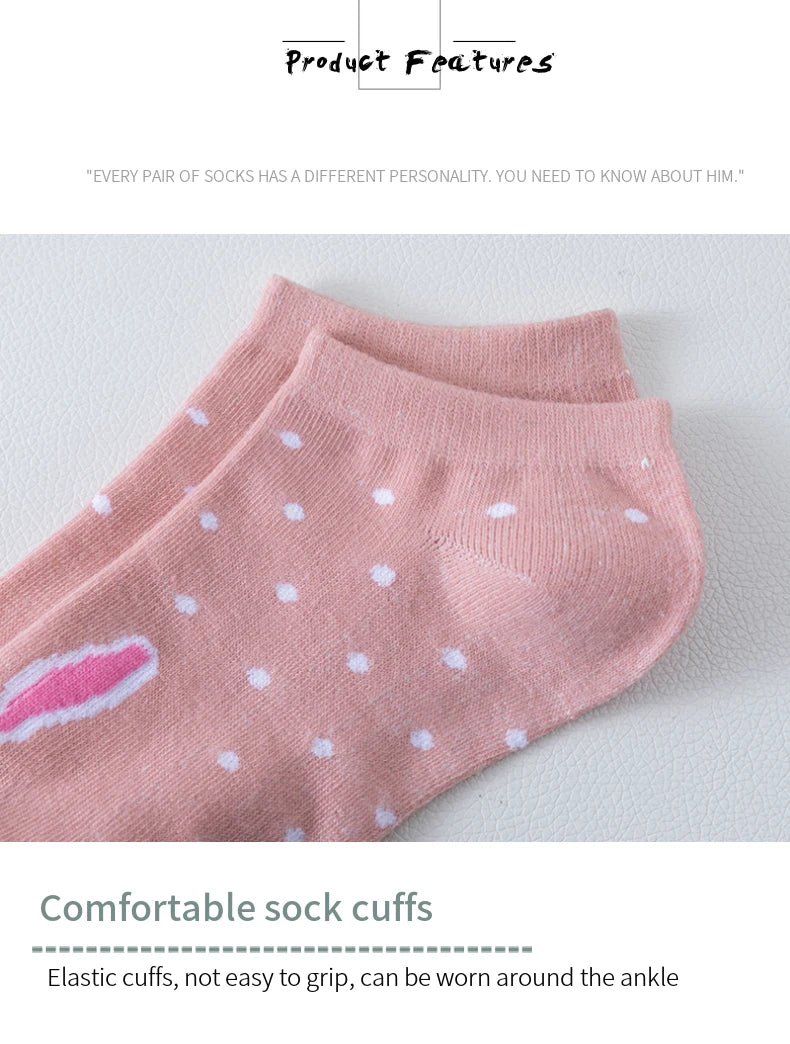 5 Pairs of WOMEN'S Short Socks, Pink Cat Thin, Cute All Season Boat Socks, Slow Top, Fashionable Boat Socks