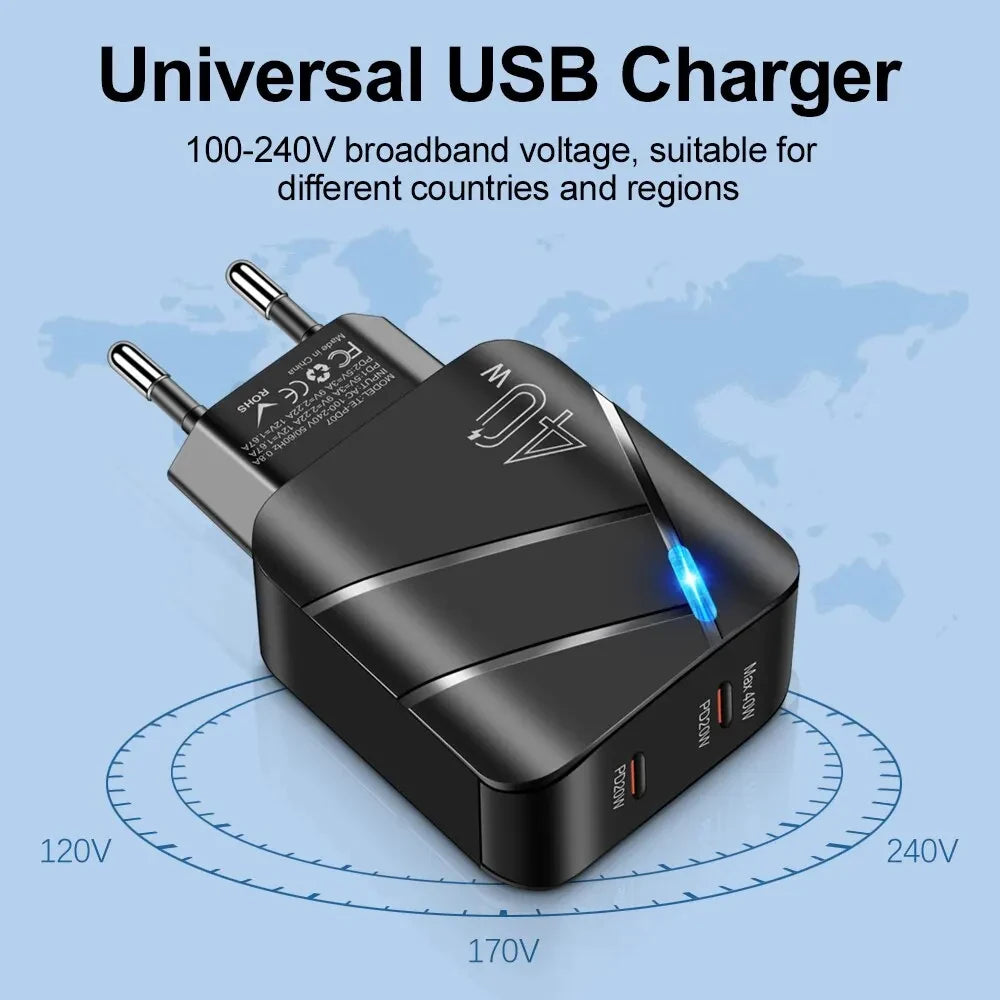 40W Charger Dual PD Fast Charging Type C Mobile Phone Adapter For Xiaomi 13 iPhone 15 14 Pro Samsung Huawei USB C Quick Charger