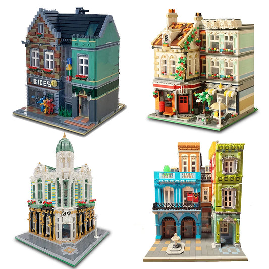 [Mini Bricks] Street View Model Building Blocks Square Post Office Corner Bike Shop Hotel Coffee Park City Bricks Toys Kids Gift