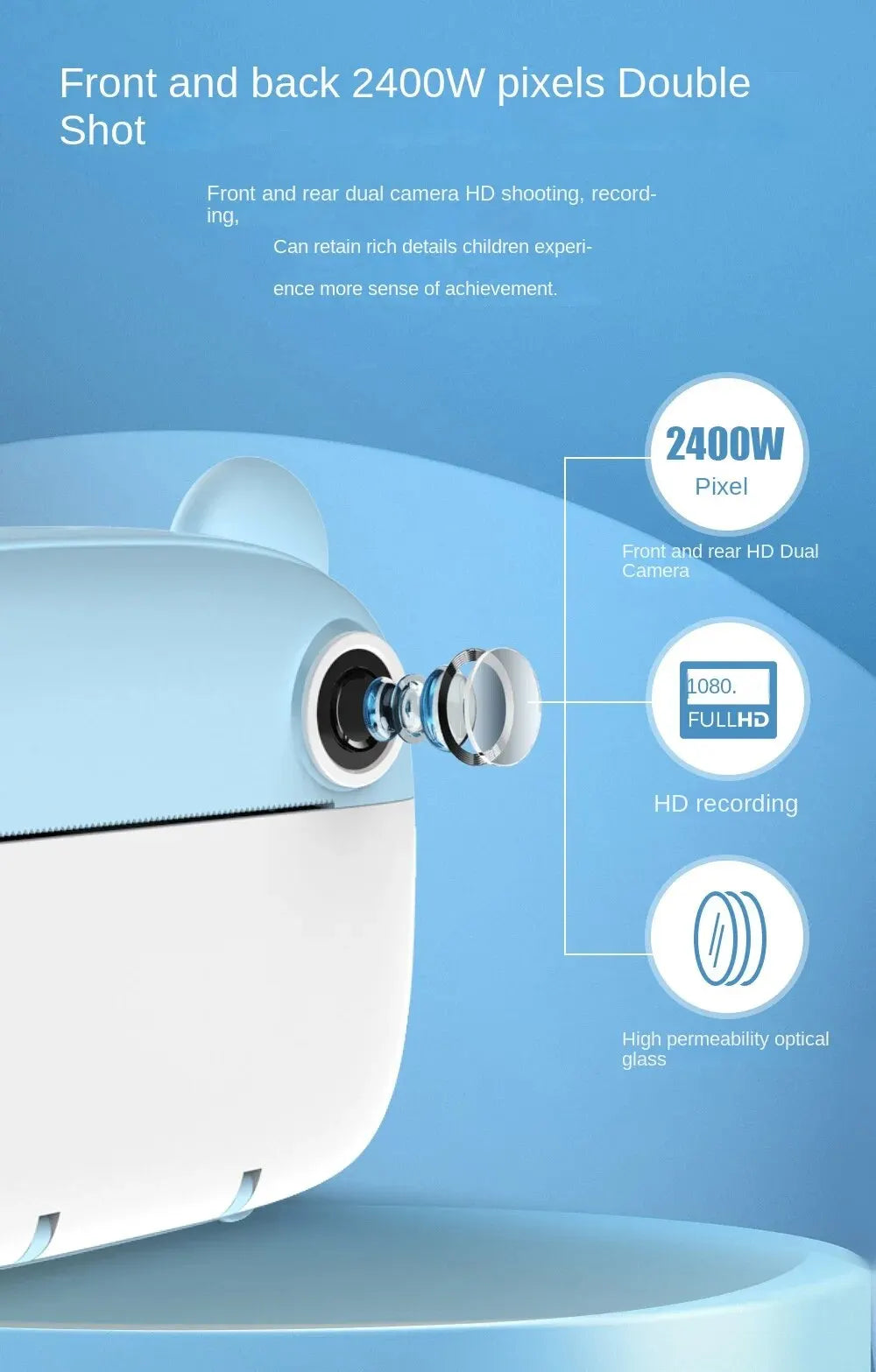 Children's Camera LCD Screen 2.4 Inches Supports 32G Memory Battery Life 1000 MAh Instant Printing Camera Supports Video Games