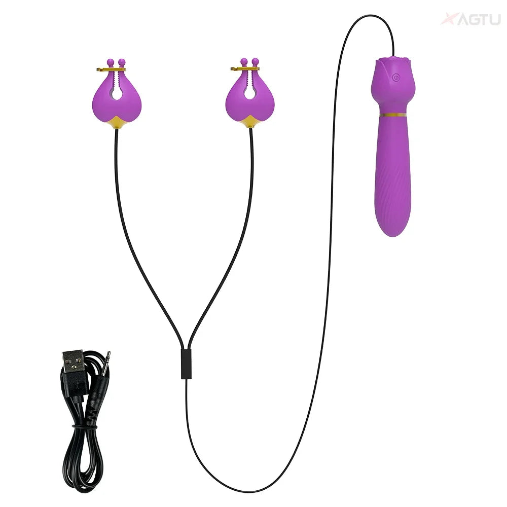 G Spot Vibrator for Women with Nipple Clamps Breast Clips Nipple Clitoral Stimulation Wired Adult Goods Sex Toy for Couple