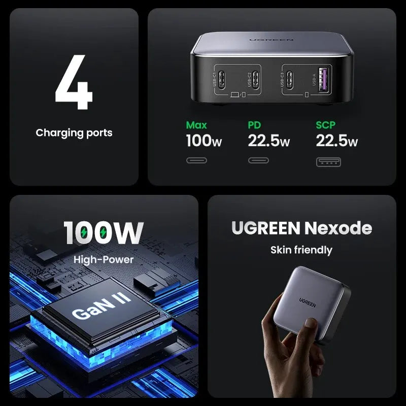 UGREEN 100W GaN Charger Desktop Laptop Fast Charger 4 in 1 Adapter For iPhone 14 13 12 Pro Max Phone Charger Xiaomi Samsung