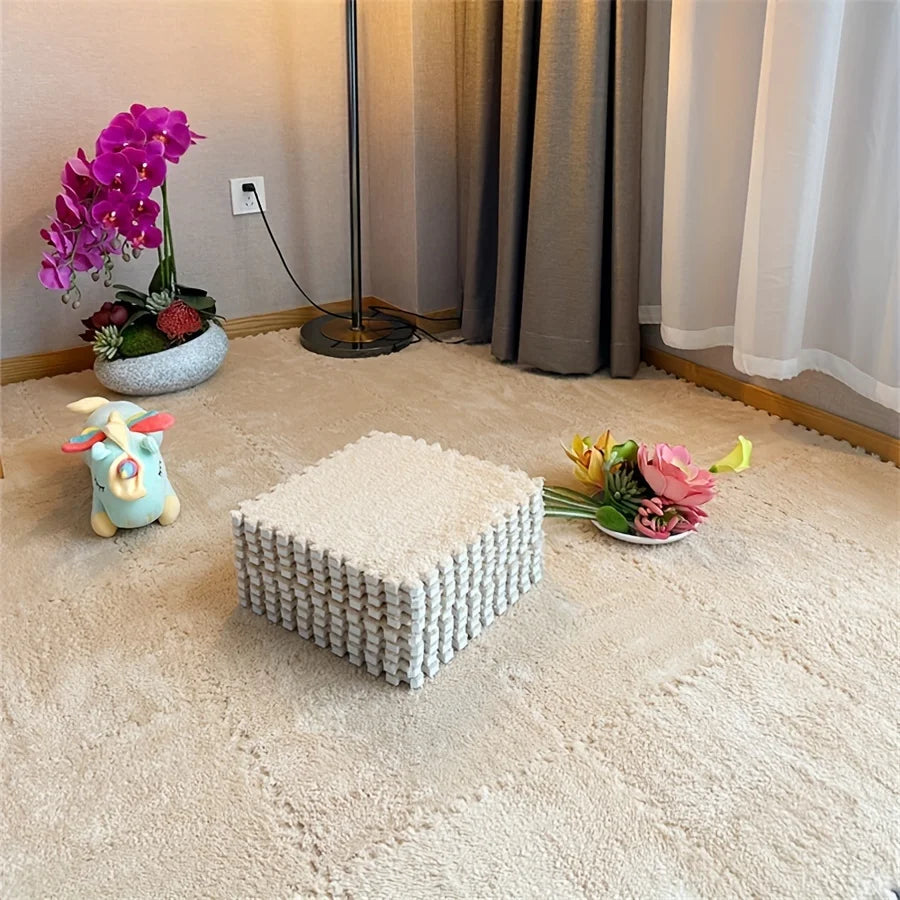 12Pcs Interlocking Carpet Tiles 11.8"x11.8", Washable Non-Slip EVA Polyester Floor Mat, Cuttable DIY Bedside Rug