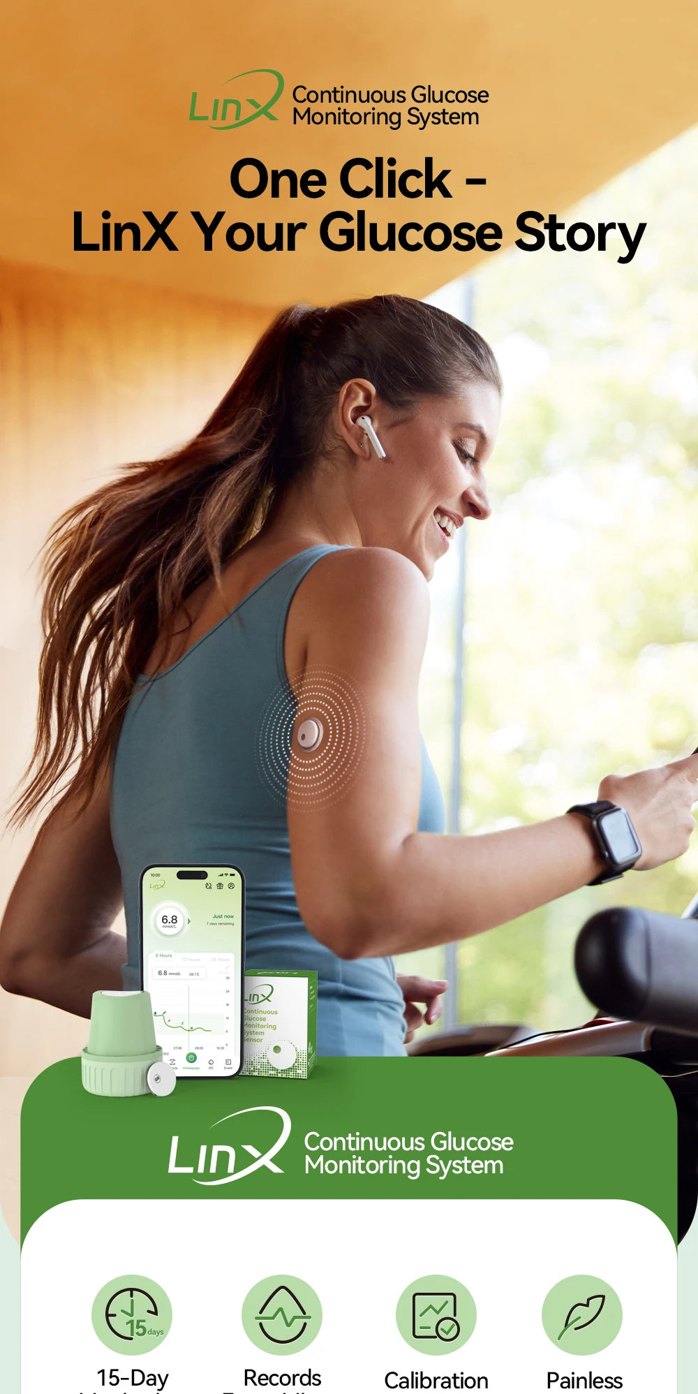 MicroTech LinX Dynamic Blood Glucose Monitor CGM Sensor Continuous Glucose Monitoring Diabetes Blood Glucose Tester 24Hx15Days