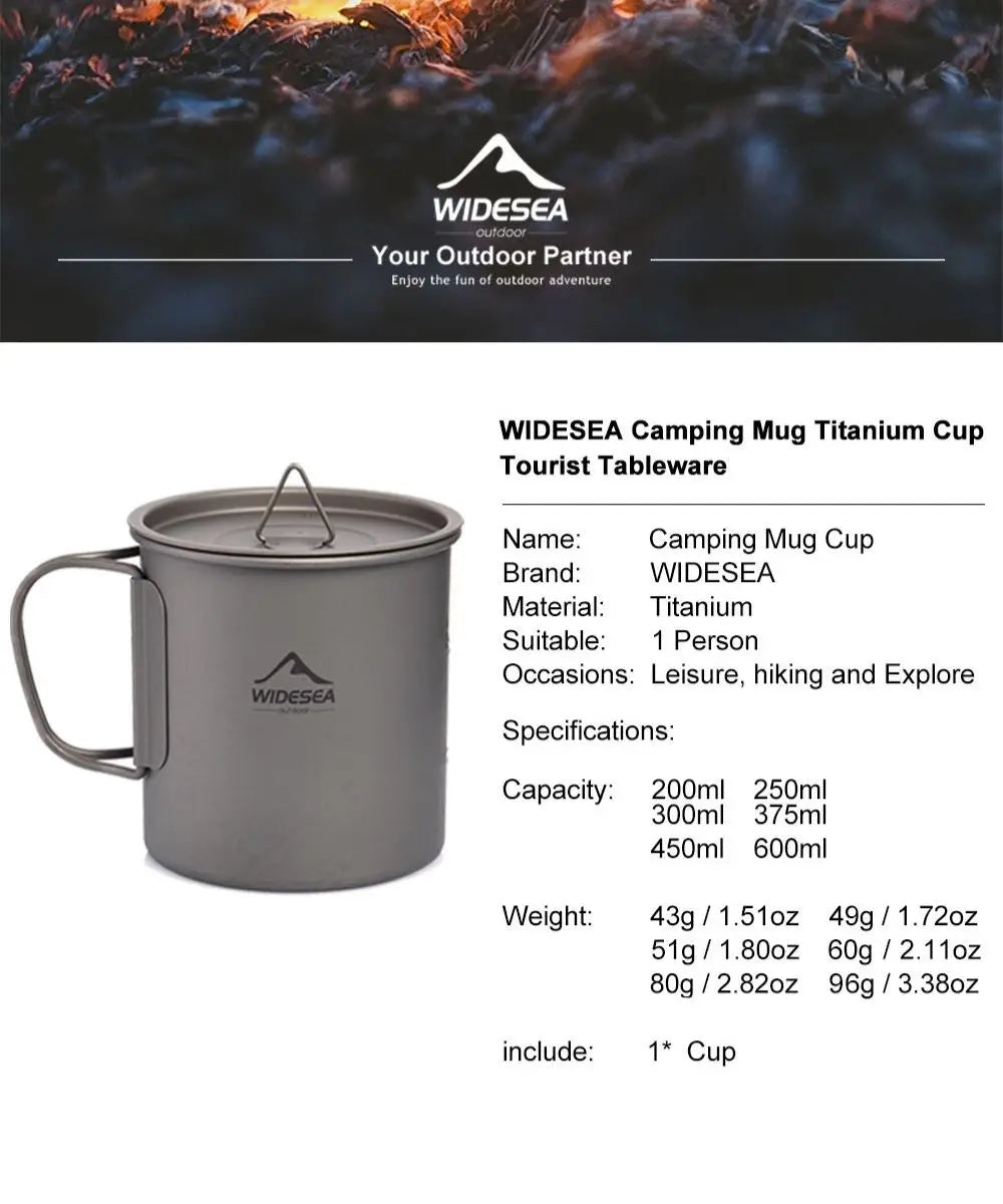 Widesea Camping Mug Titanium Cup Tourist Tableware Picnic Utensils Outdoor Kitchen Equipment Travel Cooking Set Cookware Hiking