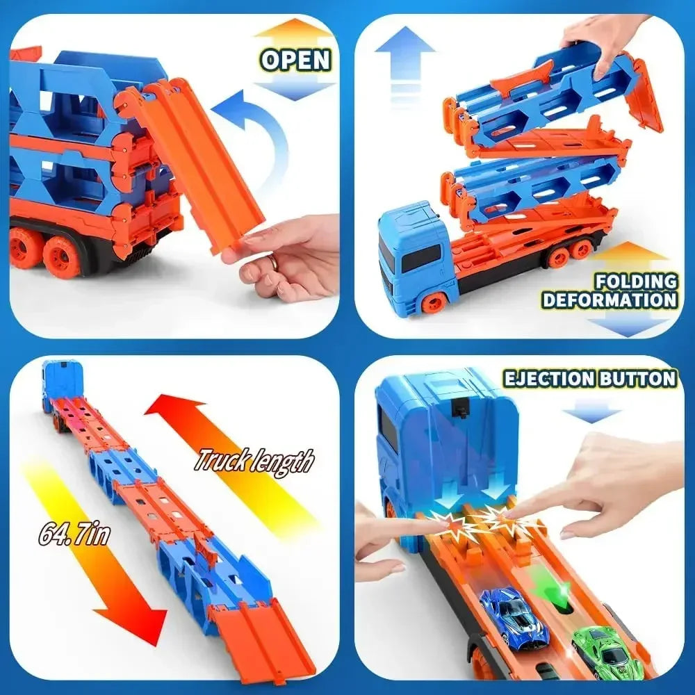 Transport Truck Toy 65-Inch Foldable Toddler Car Carrier for Boy Girl 9 in 1 Race Track and Die-Cast Truck Race Car Gift Vehicle
