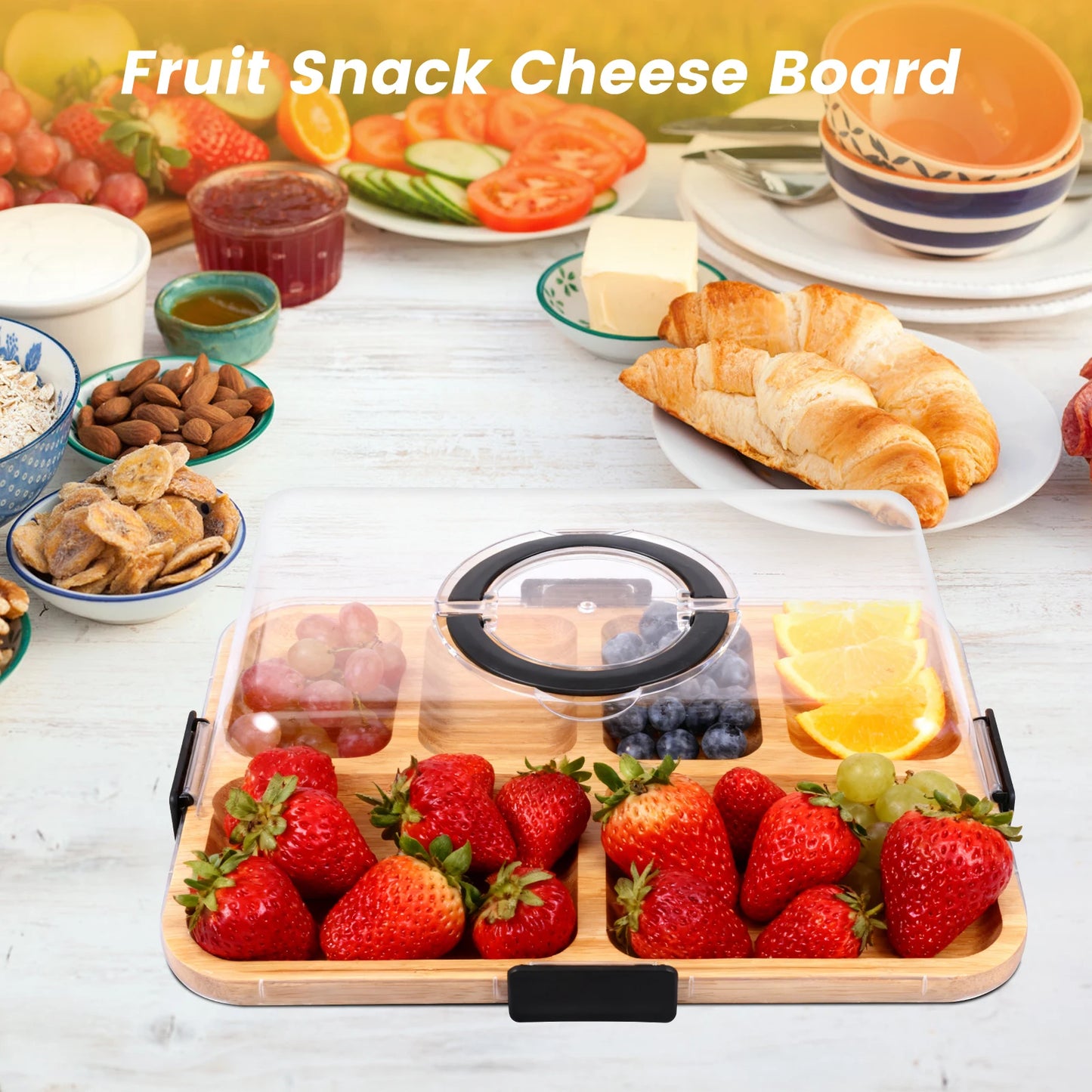 Bamboo Cheese Platter with Transparent Lid Biscuit Snacks Fruit Serving Tray Divided Charcuterie Board for Party Camping Picnic