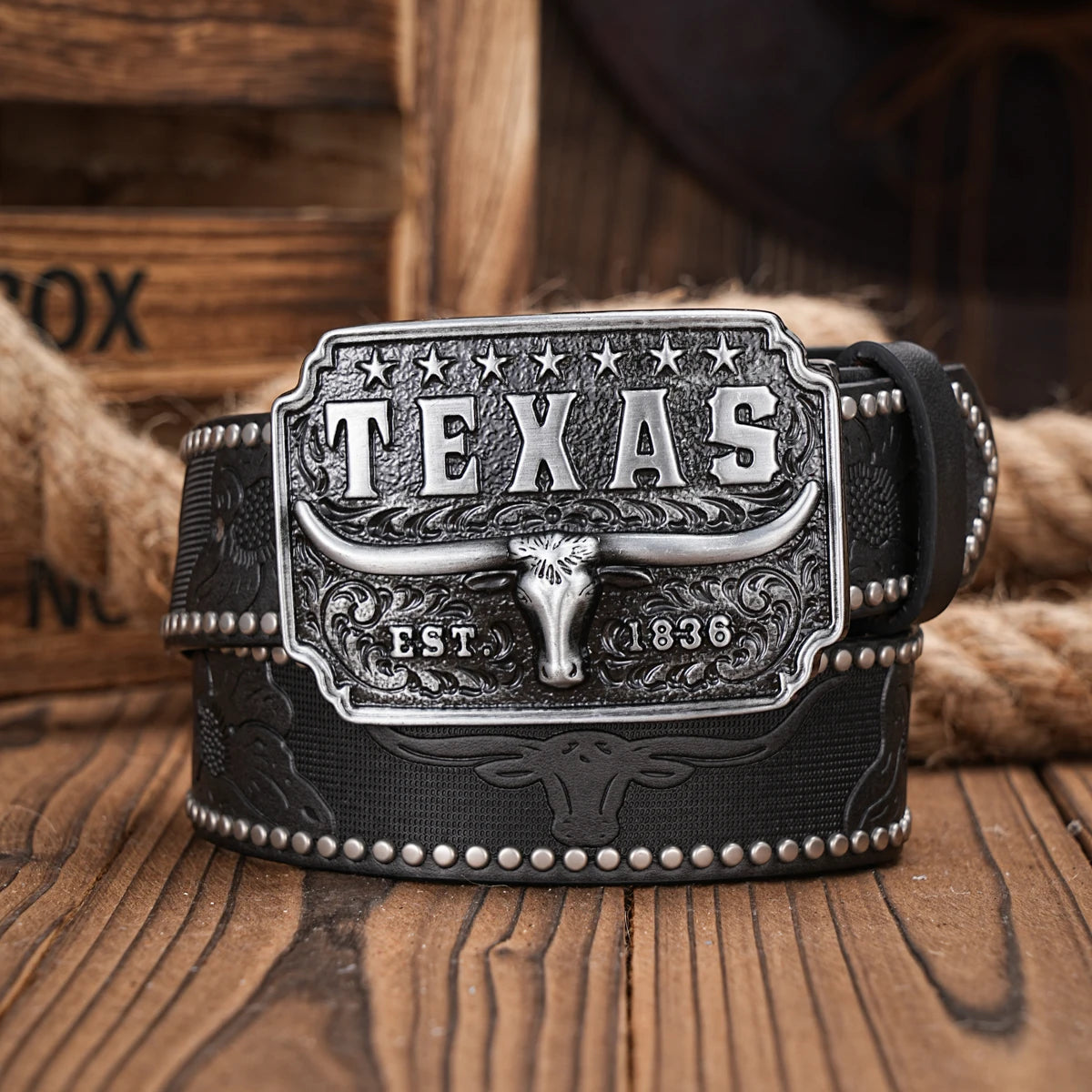Western Cowboy PU Leather Belt - Men Waist Strap Bull Decoration Floral Engraved for Jeans
