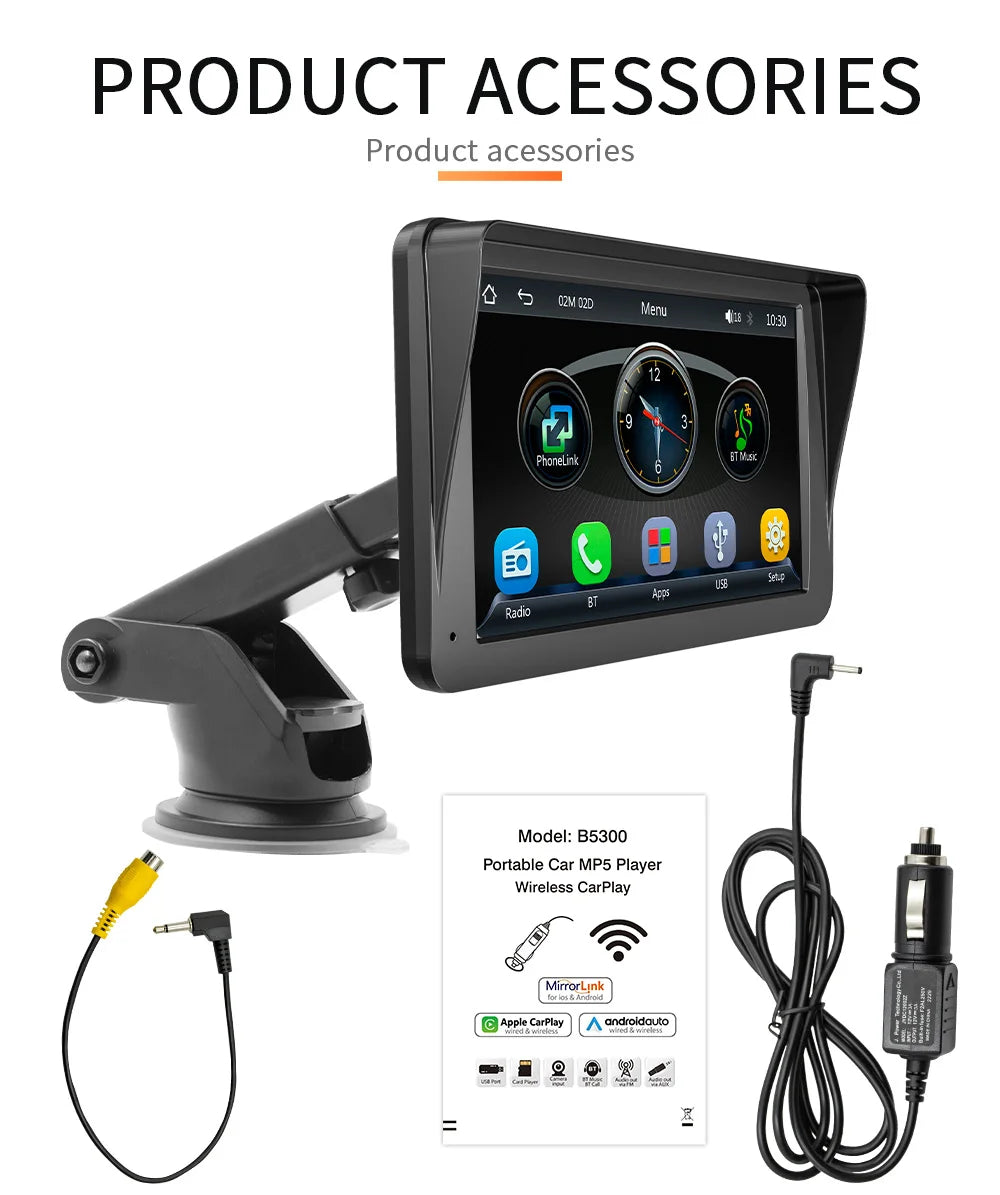 BQCC 7inch Car Radio Multimedia Video Player Wireless Carplay And Wireless Android Auto Touch Screen Sun Visor 5300
