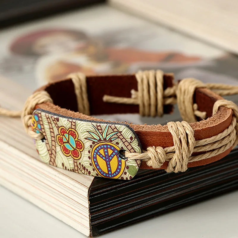 2024 Fashion Bracelets for Women Hippie Retro Leather Adjustable Bracelet HandMade Jewelry for Women Flower Print Rope Gifts