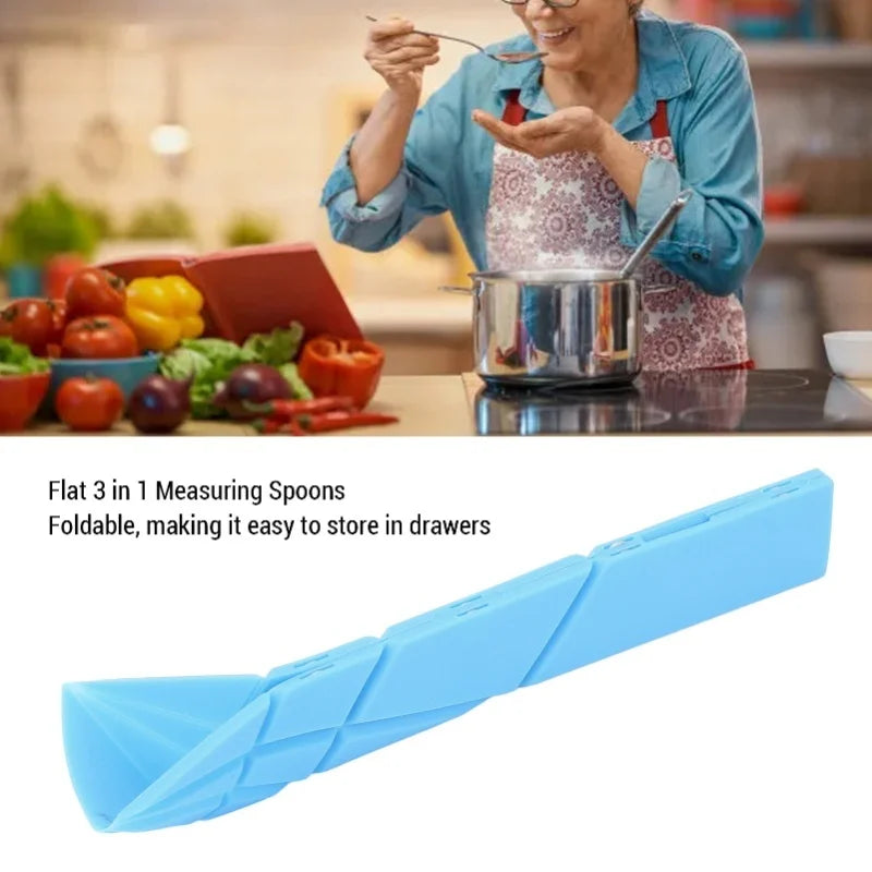 2Pcs 3 In 1 Measuring Spoons Polygons Flat Folding Multifunction Folds For Baby Complementary Food Kitchen Gadget Green