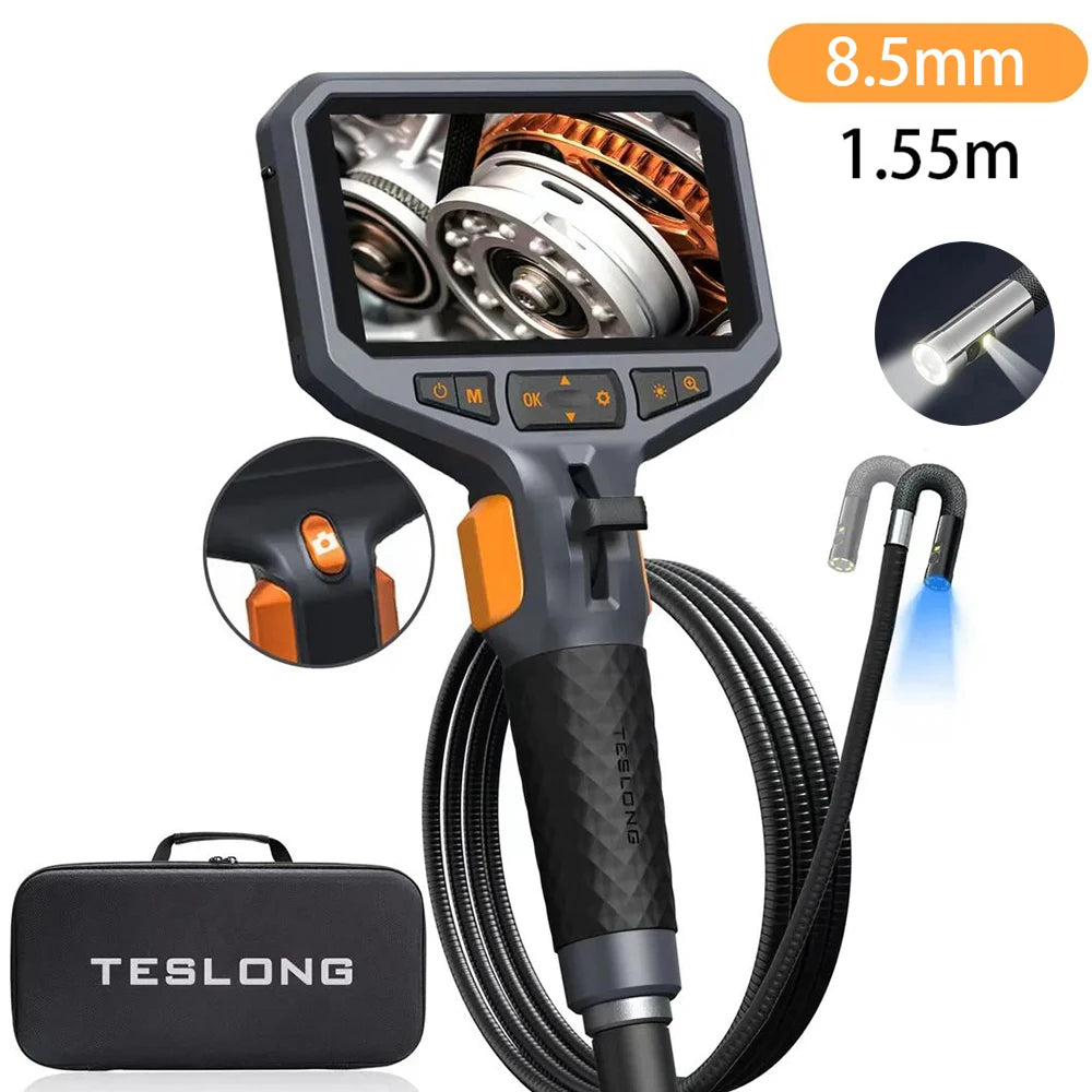 TESLONG TD450S 5.5MM Articulating Borescope 1080P 5 Inch IPS Two Way 360° Steering Endoscope Camera 1m Stainless Steel Tube
