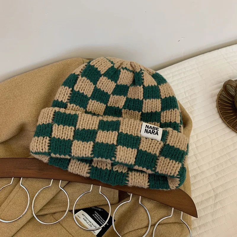 Luxury Brand Chessboard Plaid Knitted Hat Women Winter New Big Size Hat Warm Beanies Skullies Green Red Xmas Christmas Hat