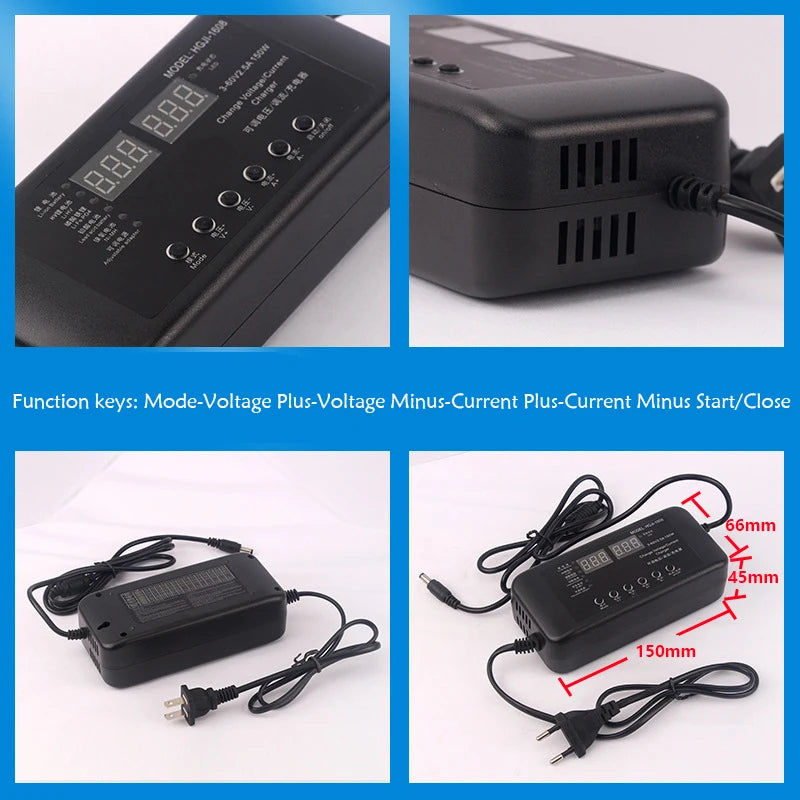 Adjustable Power Adapter Charger 3V-60V 150W With Display Screen Charger 2.8V 14V 28V 36V 48V 56V 60V Li-ion battery Charger